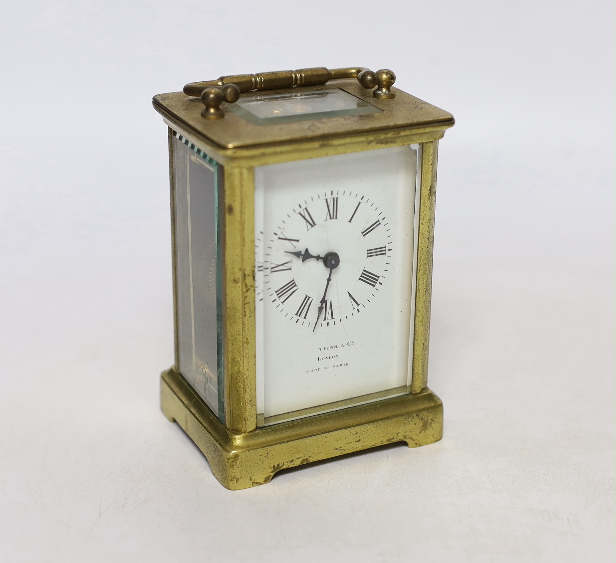 A late 19th century French eight day brass cased carriage timepiece, signed Tfink & Co. London, Made in Paris, 11cm